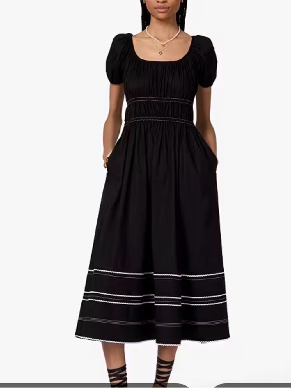 kate spade Black Midi Dress with Puff Sleeves and White Trim